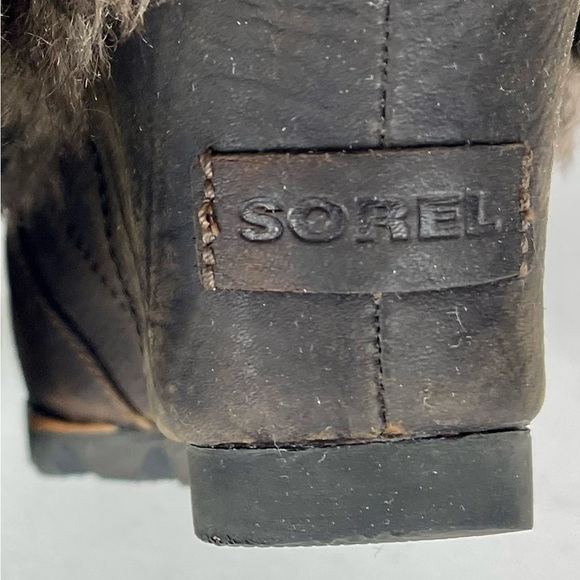 SOREL JOAN OF ARCTIC WEDGE ANKLE APRES SKI FAUX FUR BROWN LEATHER ANKLE BOOTS - Picture 12 of 13